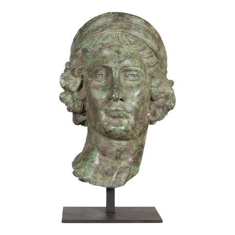 This-is-a-picture-of-a-Bronze Greco Roman Style Contemporary Head Sculpture with Verdigris Patina-image-position-1-style-RG2133-Shop-for-Vintage-and-Antique-Asian-and-Chinese-Furniture-for-sale-at-FEA Home-NYC