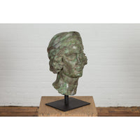 Bronze Greco Roman Style Contemporary Head Sculpture with Verdigris Patina