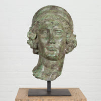Bronze Greco Roman Style Contemporary Head Sculpture with Verdigris Patina