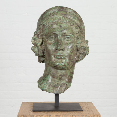 This-is-a-picture-of-a-Bronze Greco Roman Style Contemporary Head Sculpture with Verdigris Patina-image-position-2-style-RG2133-Shop-for-Vintage-and-Antique-Asian-and-Chinese-Furniture-for-sale-at-FEA Home-NYC