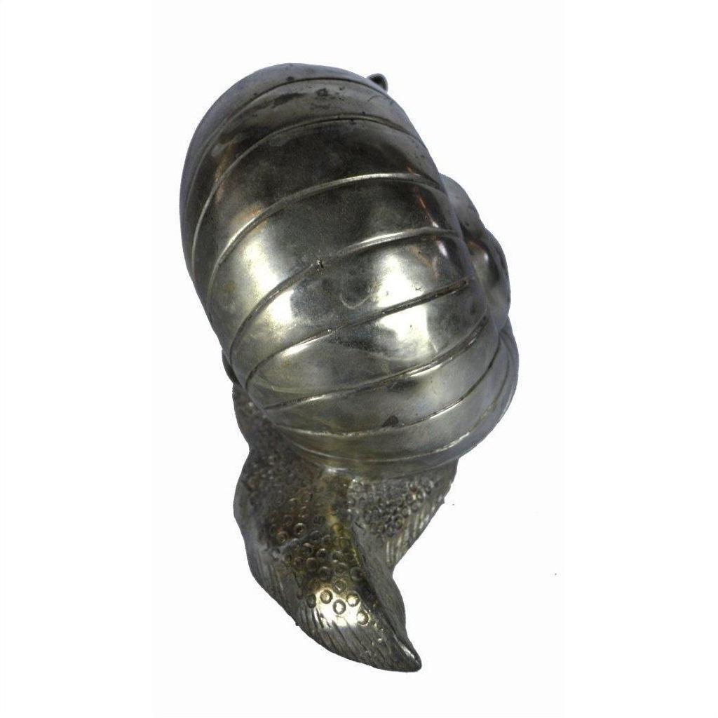 Bronze snail sculpture with detailed shell and textured body on a white background.