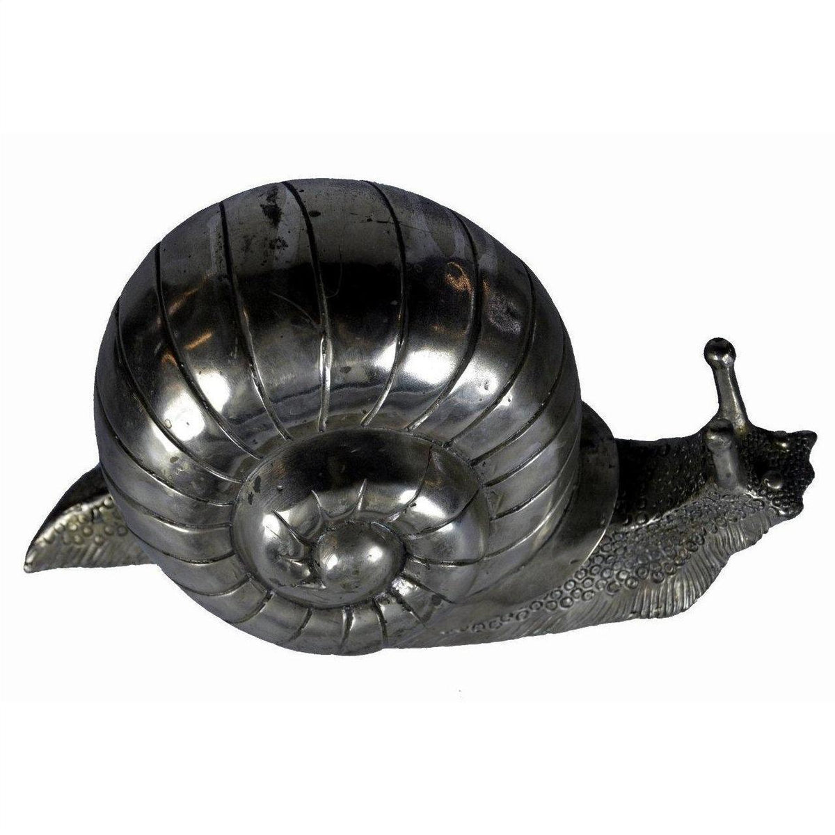 Bronze snail sculpture with a detailed shell and textured body, shown as a desktop paperweight.