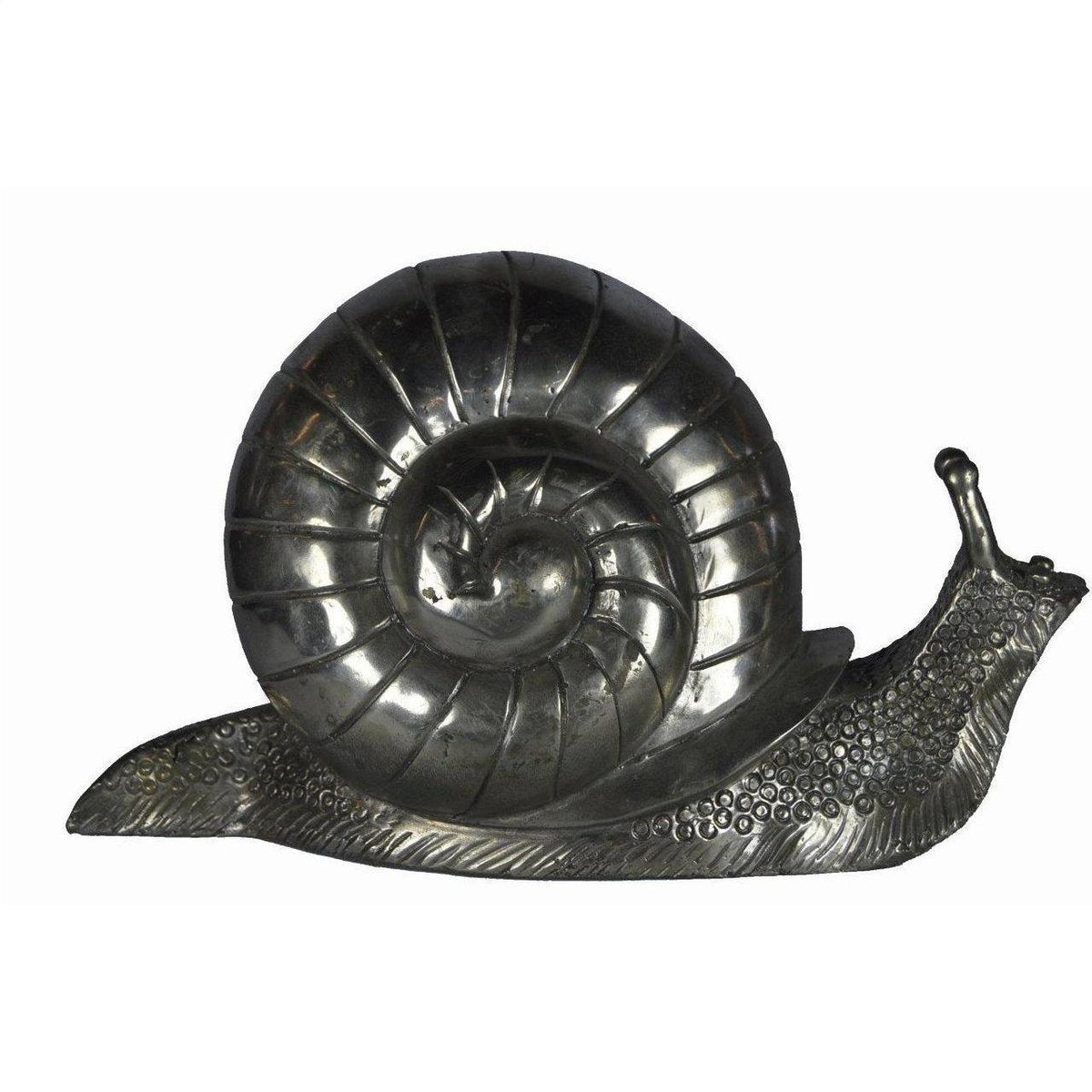 Bronze snail sculpture with detailed spiral shell, close-up, shown as a desktop paperweight.