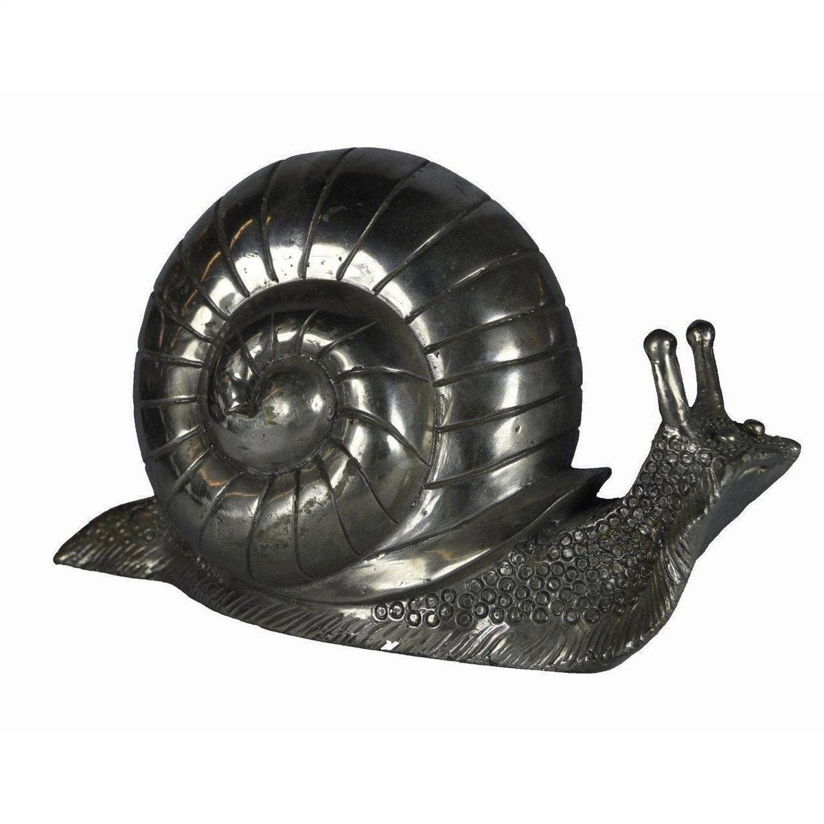 Close-up of a bronze snail sculpture with silver tone, used as a desktop paperweight.
