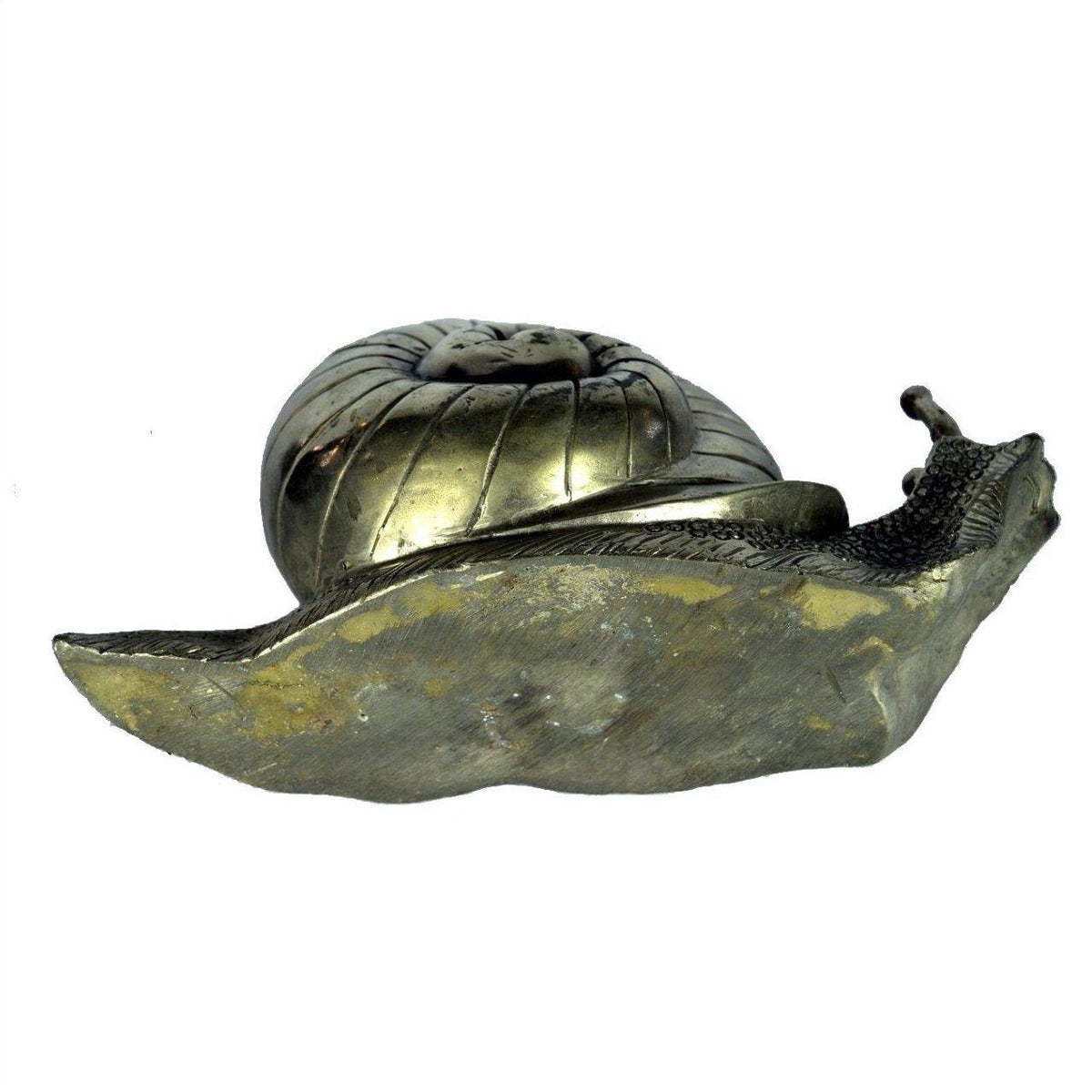 Close-up of bronze snail sculpture with detailed shell, solid metal design, shown as a desktop paperweight.