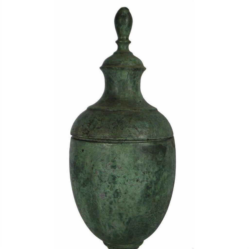 Close-up of bronze urn with fitted lid and pointed finial, weathered greenish surface, very good condition.