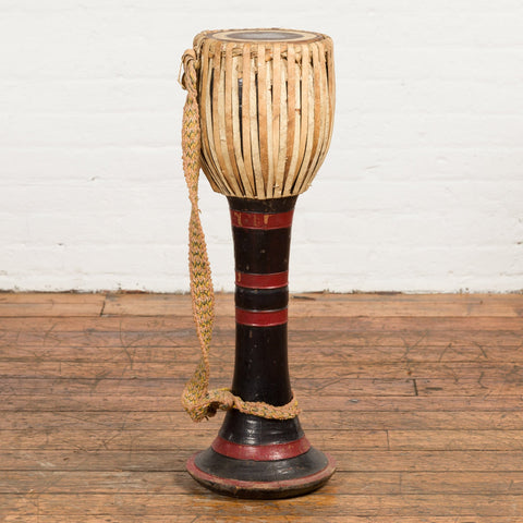 Burmese Late 19th Century Teak Ozi Goblet Shaped Drum with Black and Red Lacquer-YN7690-2. Asian & Chinese Furniture, Art, Antiques, Vintage Home Décor for sale at FEA Home