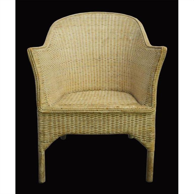 Natural rattan chair with curved armrests and rounded back, set against a solid black background.