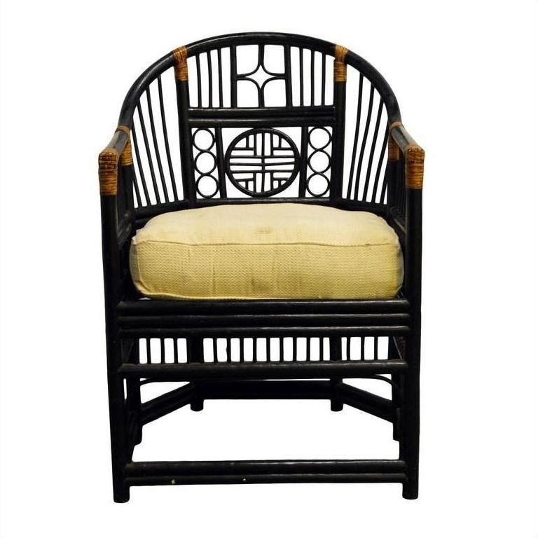 Beige rattan side chair with geometric backrest and beige cushion, front view.