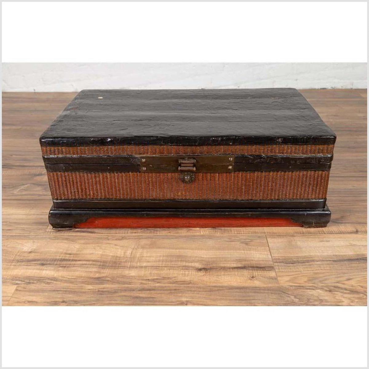 Chinese 1900s Wooden Treasure Chest with Rattan Accents and Dark Brass Hardware-2. Asian & Chinese Furniture, Art, Antiques, Vintage Home Décor for sale at FEA Home