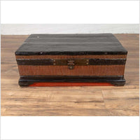 Chinese 1900s Wooden Treasure Chest with Rattan Accents and Dark Brass Hardware