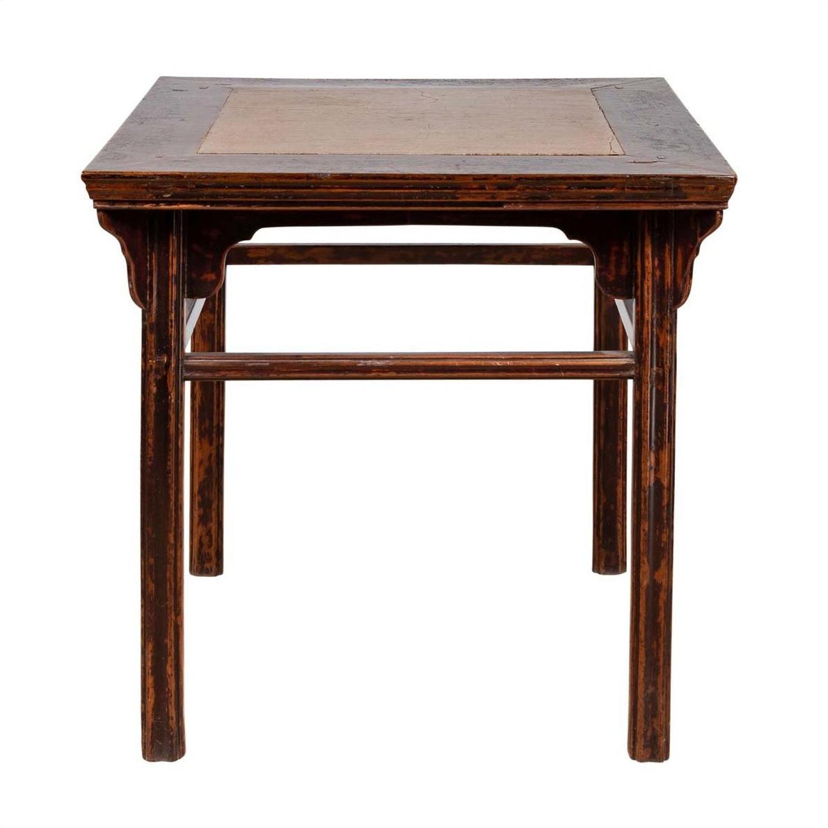 Dark wood Chinese elmwood square hall table with Ming Dynasty stone inset, 19th century, front view, minimalist style.