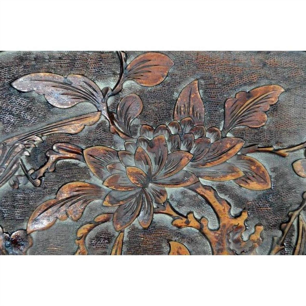 Dark rosewood wall plaque with hand-carved lacquered bird and foliage design, 19th-century Chinese style.