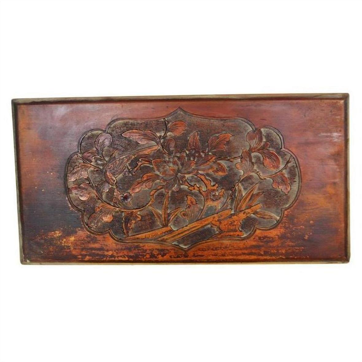 Dark rosewood wall plaque, hand-carved with lacquered bird and foliage design, Chinese 19th century.