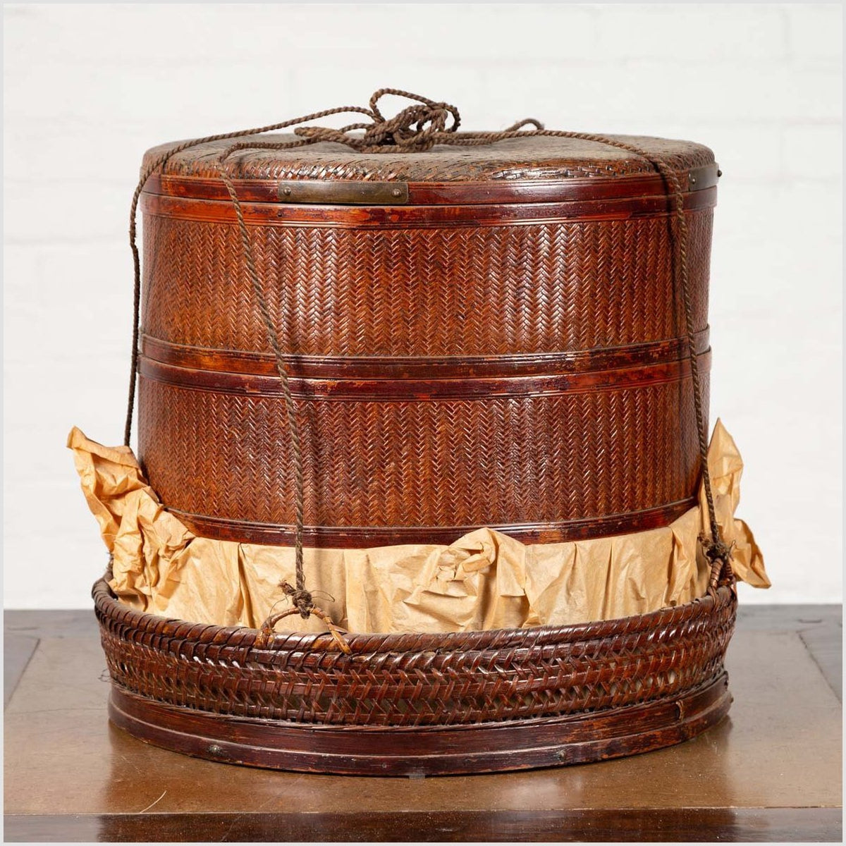 Chinese 19th Century Tiered Food Basket with Stacking Parts, Paper and Rope Ties-2. Asian & Chinese Furniture, Art, Antiques, Vintage Home Décor for sale at FEA Home