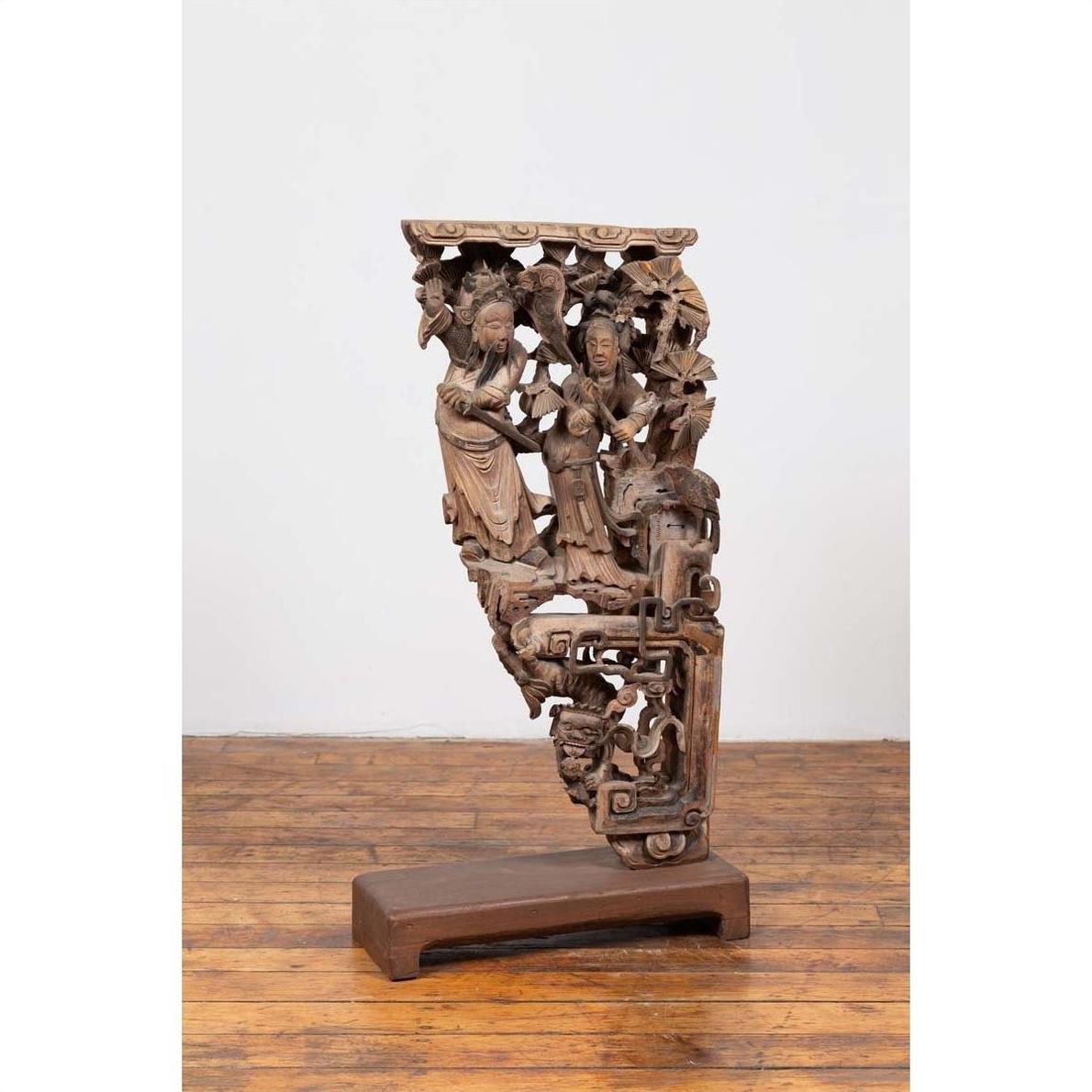 Chinese Antique 1900s Hand Carved Wooden Corbel with Deities Mounted on Base-9. Asian &amp; Chinese Furniture, Art, Antiques, Vintage Home Décor for sale at FEA Home