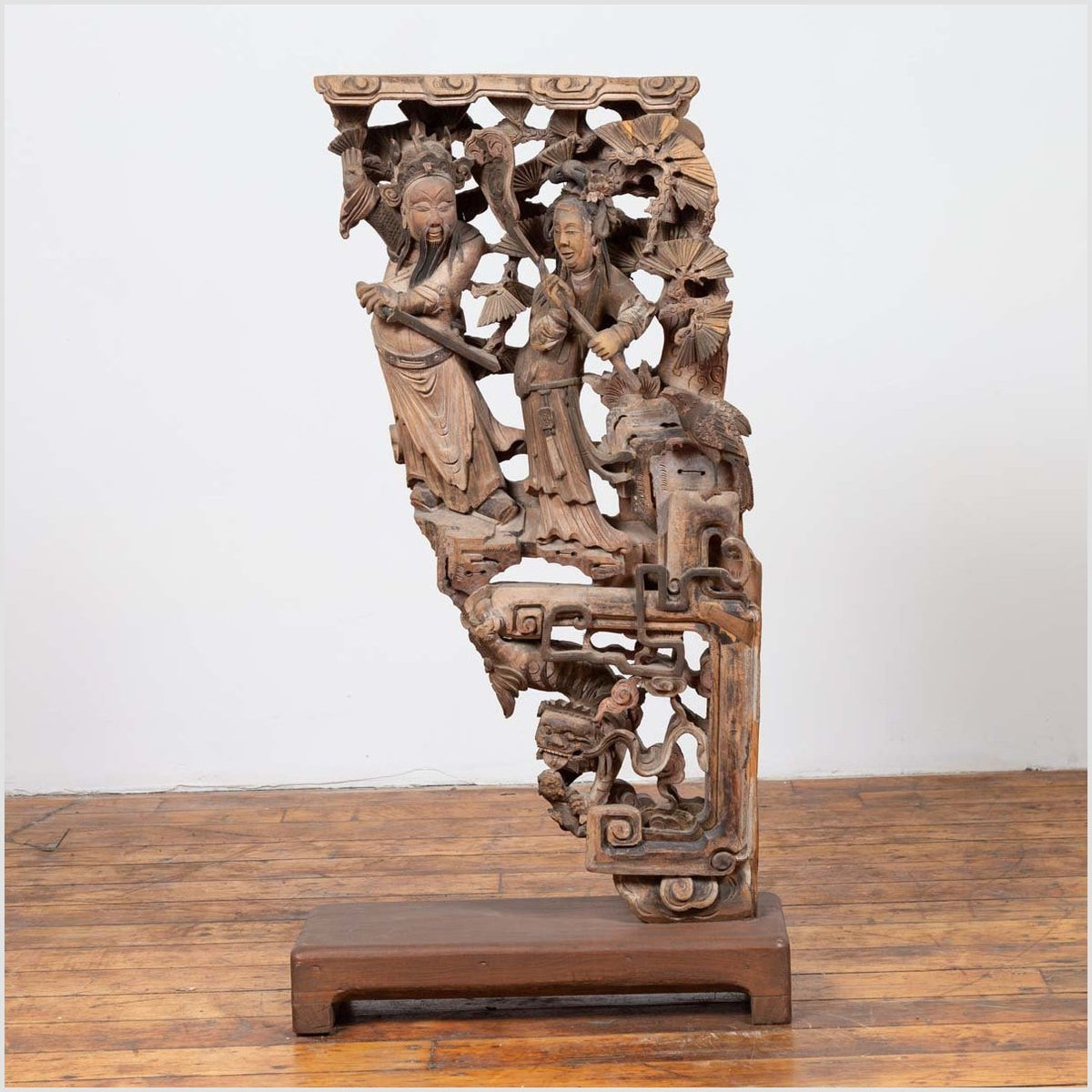Chinese Antique 1900s Hand Carved Wooden Corbel with Deities Mounted on Base-2. Asian & Chinese Furniture, Art, Antiques, Vintage Home Décor for sale at FEA Home