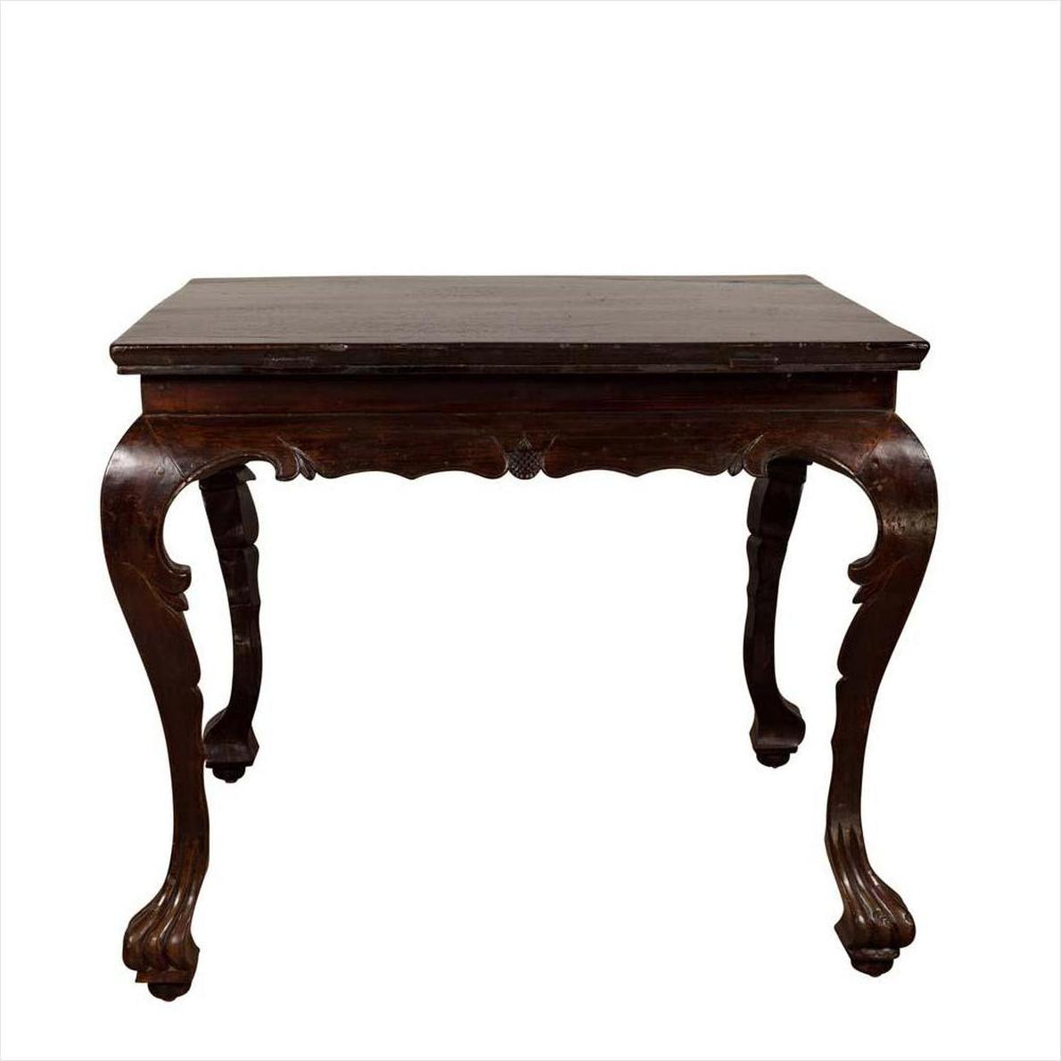 Black lacquered wood hall table with cabriole legs, antique style, shown indoors.