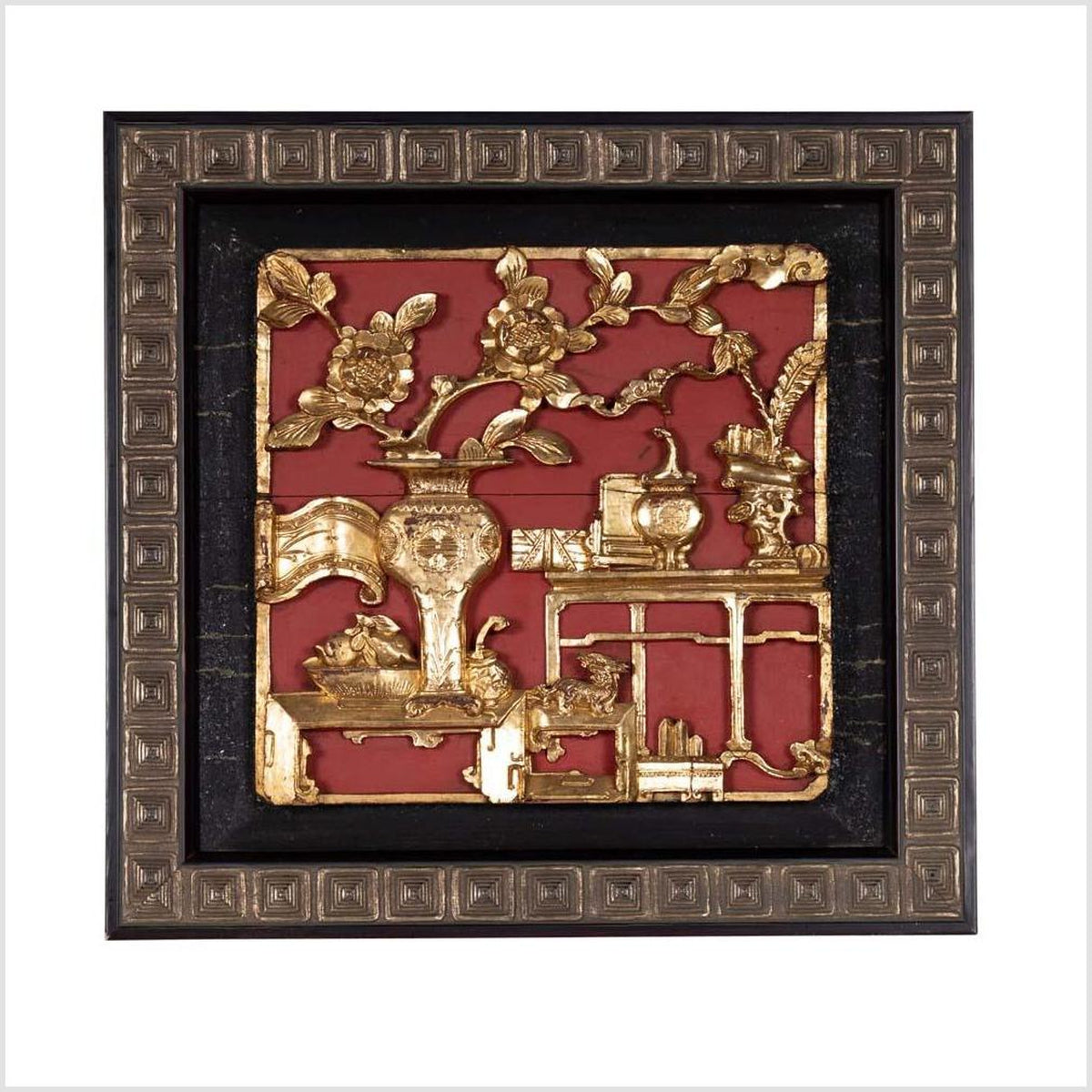 Chinese Antique Giltwood and Red Painted Floral Architectural Panel in New Frame-1. Asian & Chinese Furniture, Art, Antiques, Vintage Home Décor for sale at FEA Home