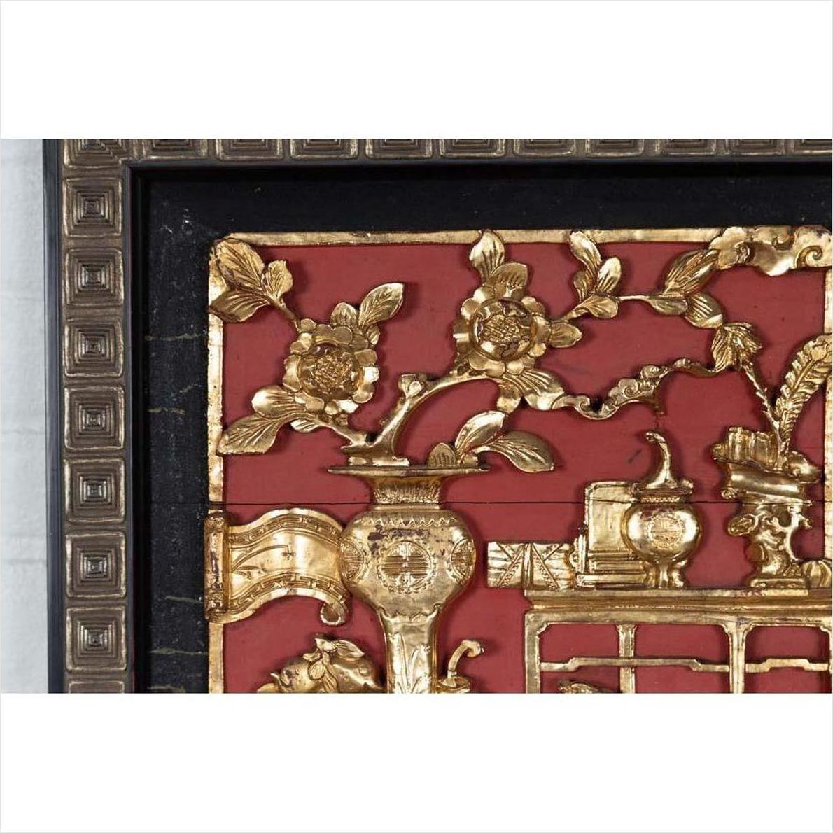 Chinese Antique Giltwood - Red Floral Architectural Panel-6. Asian &amp; Chinese Furniture, Art, Antiques, Vintage Home Décor for sale at FEA Home