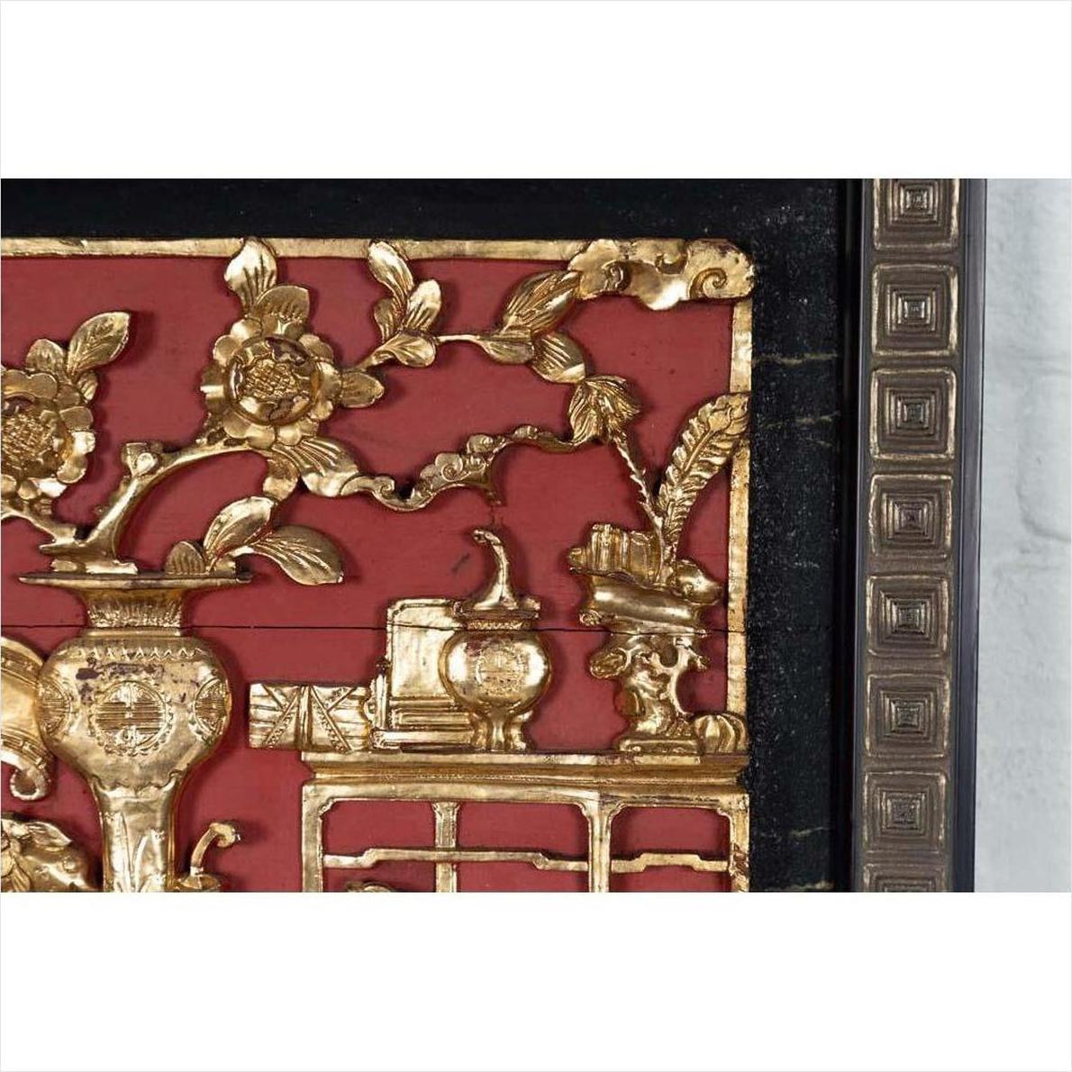 Chinese Antique Giltwood - Red Floral Architectural Panel-7. Asian &amp; Chinese Furniture, Art, Antiques, Vintage Home Décor for sale at FEA Home