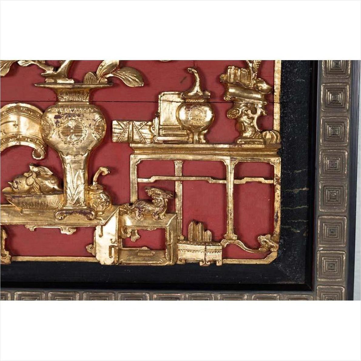 Chinese Antique Giltwood - Red Floral Architectural Panel-8. Asian &amp; Chinese Furniture, Art, Antiques, Vintage Home Décor for sale at FEA Home