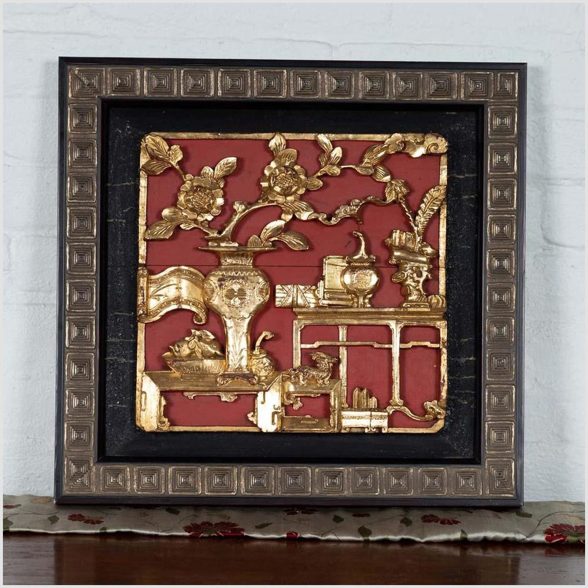 Chinese Antique Giltwood and Red Painted Floral Architectural Panel in New Frame-2. Asian & Chinese Furniture, Art, Antiques, Vintage Home Décor for sale at FEA Home