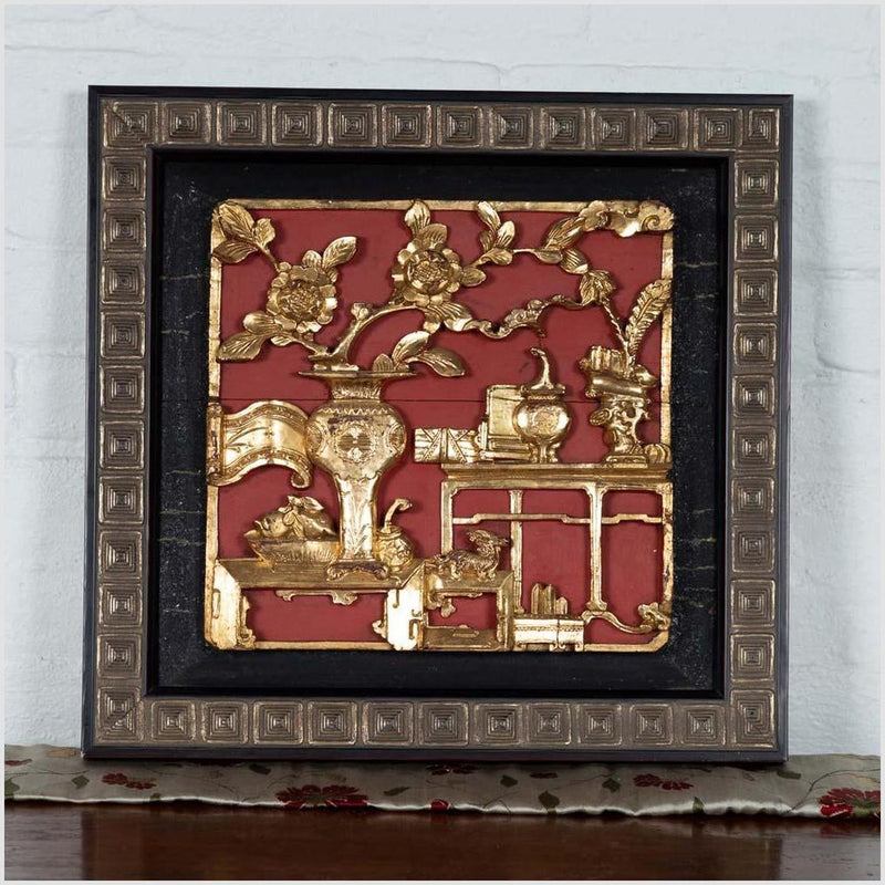 Chinese Antique Giltwood and Red Painted Floral Architectural Panel in New Frame-YN6310-2. Asian & Chinese Furniture, Art, Antiques, Vintage Home Décor for sale at FEA Home