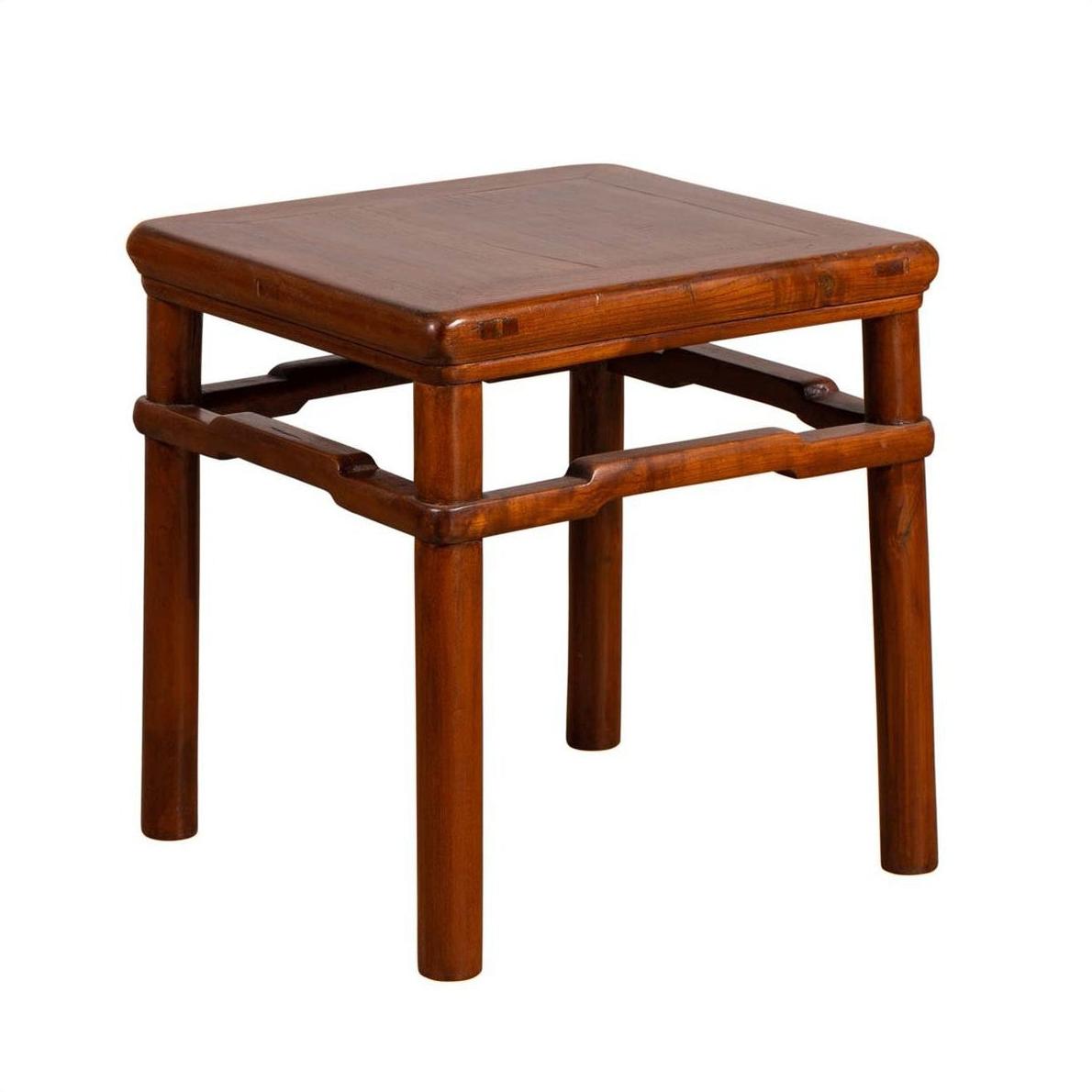 Brown wood Ming style antique side table with humpback stretcher, early 20th century.