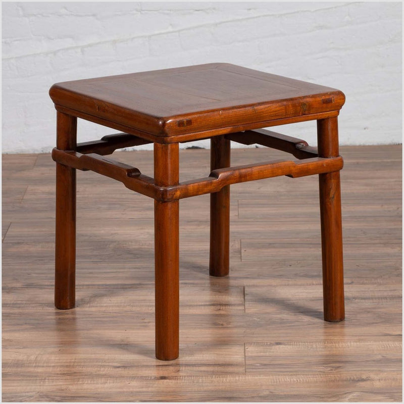 Chinese Antique Ming Style Side Table with Humpback Stretcher and Brown Patina