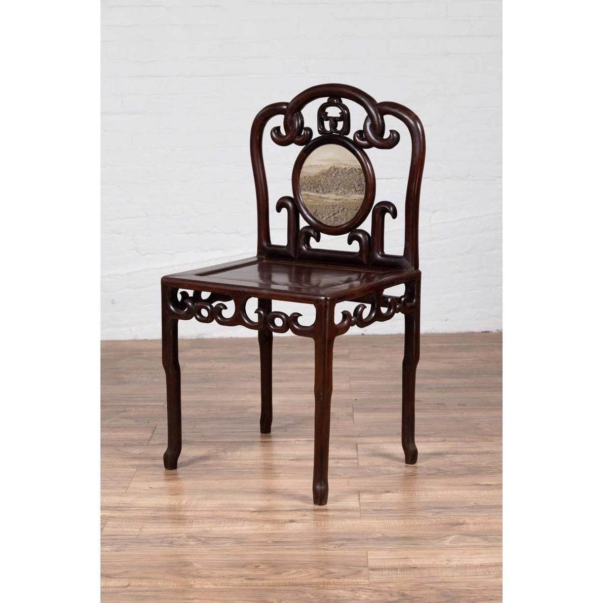 Chinese Antique Rosewood Side Chair with Open Fretwork and Marble Medallion-11. Asian &amp; Chinese Furniture, Art, Antiques, Vintage Home Décor for sale at FEA Home