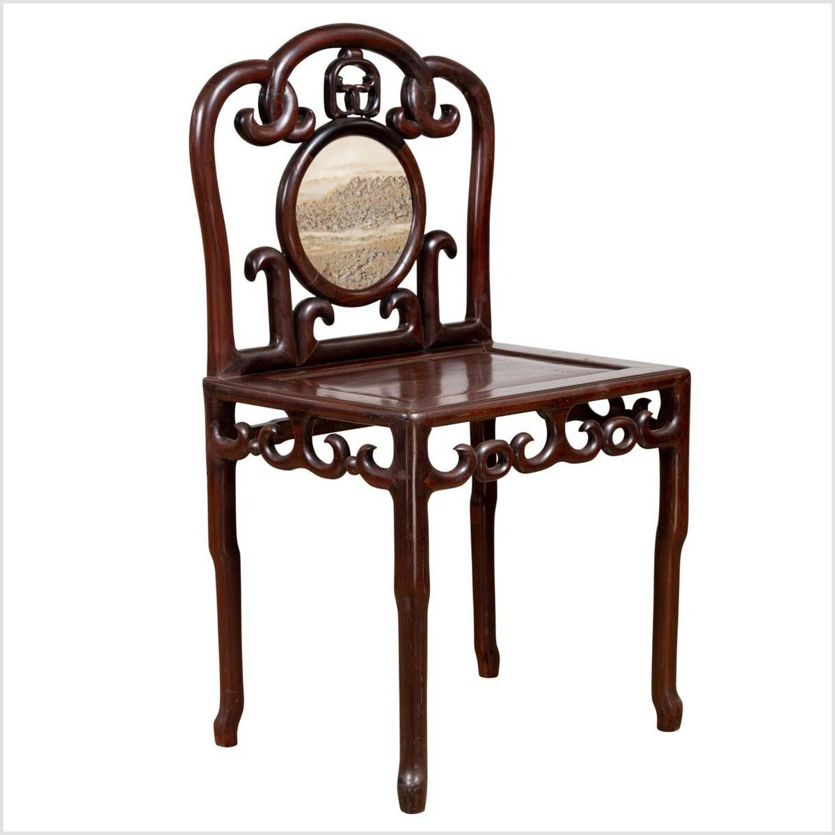 Chinese Antique Rosewood Side Chair with Open Fretwork and Marble Medallion-1. Asian & Chinese Furniture, Art, Antiques, Vintage Home Décor for sale at FEA Home