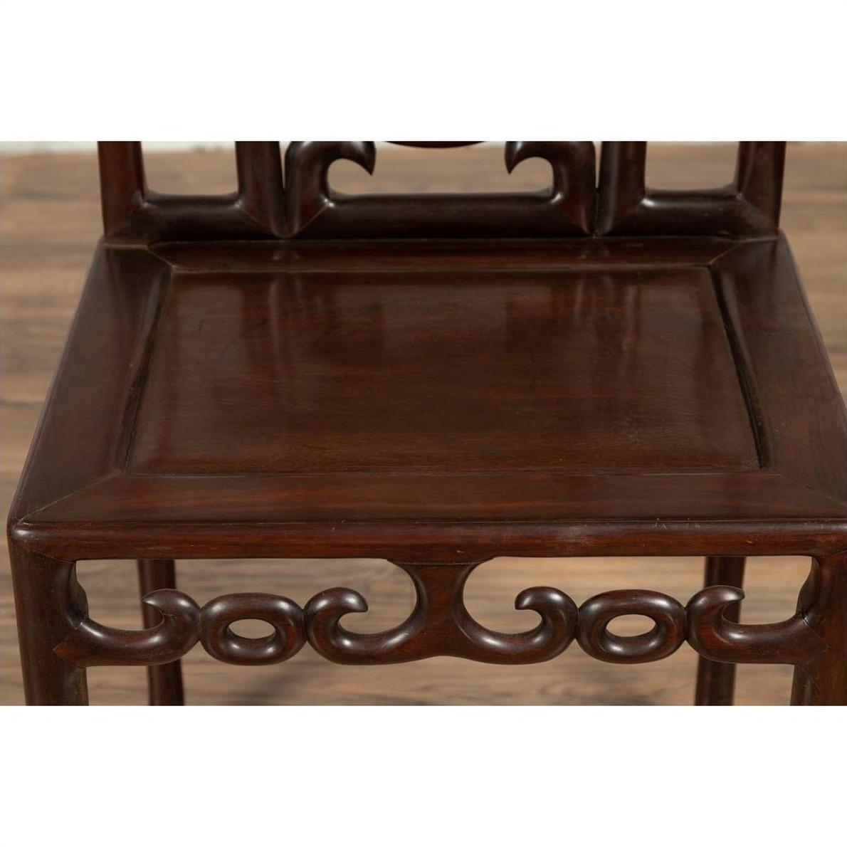 Chinese Antique Rosewood Side Chair with Open Fretwork and Marble Medallion-6. Asian &amp; Chinese Furniture, Art, Antiques, Vintage Home Décor for sale at FEA Home