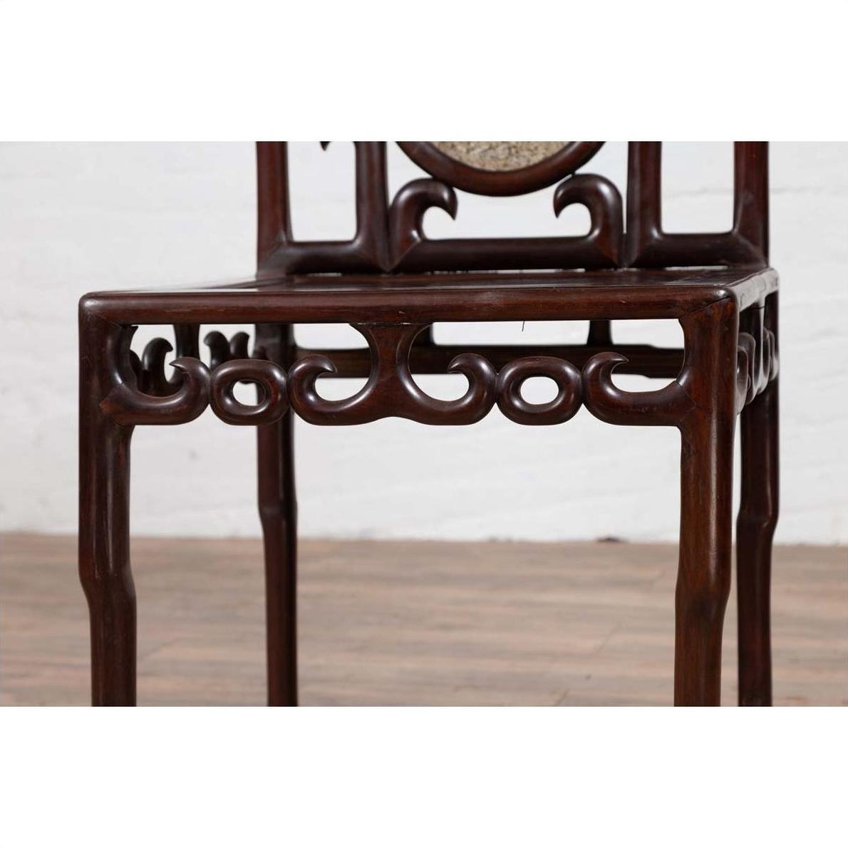 Chinese Antique Rosewood Side Chair with Open Fretwork and Marble Medallion-8. Asian &amp; Chinese Furniture, Art, Antiques, Vintage Home Décor for sale at FEA Home