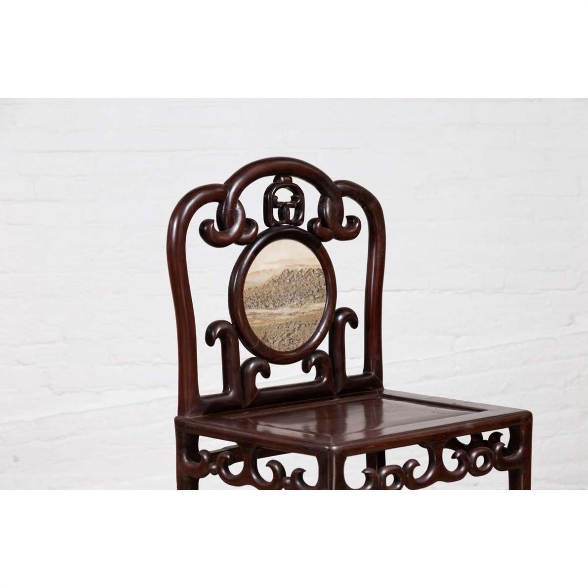 Chinese Antique Rosewood Side Chair with Open Fretwork and Marble Medallion-10. Asian &amp; Chinese Furniture, Art, Antiques, Vintage Home Décor for sale at FEA Home