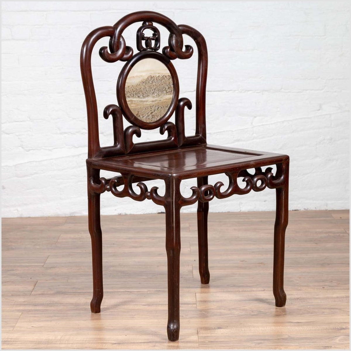 Chinese Antique Rosewood Side Chair with Open Fretwork and Marble Medallion-2. Asian & Chinese Furniture, Art, Antiques, Vintage Home Décor for sale at FEA Home