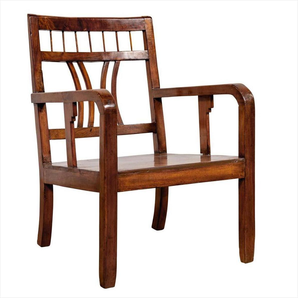 Brown elmwood Chinese Art Deco armchair with pierced back and curved armrests, 1950s, close-up.