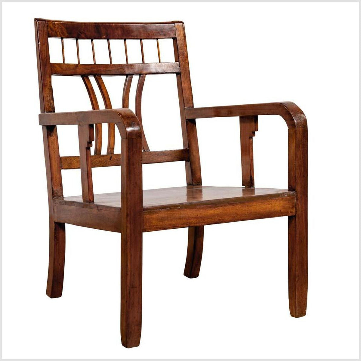 Chinese Art Deco Style 1950s Elmwood Armchair with Pierced Back and Curving Arms-1. Asian & Chinese Furniture, Art, Antiques, Vintage Home Décor for sale at FEA Home
