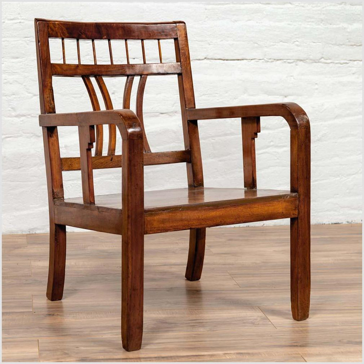 Chinese Art Deco Style 1950s Elmwood Armchair with Pierced Back and Curving Arms-5. Asian &amp; Chinese Furniture, Art, Antiques, Vintage Home Décor for sale at FEA Home