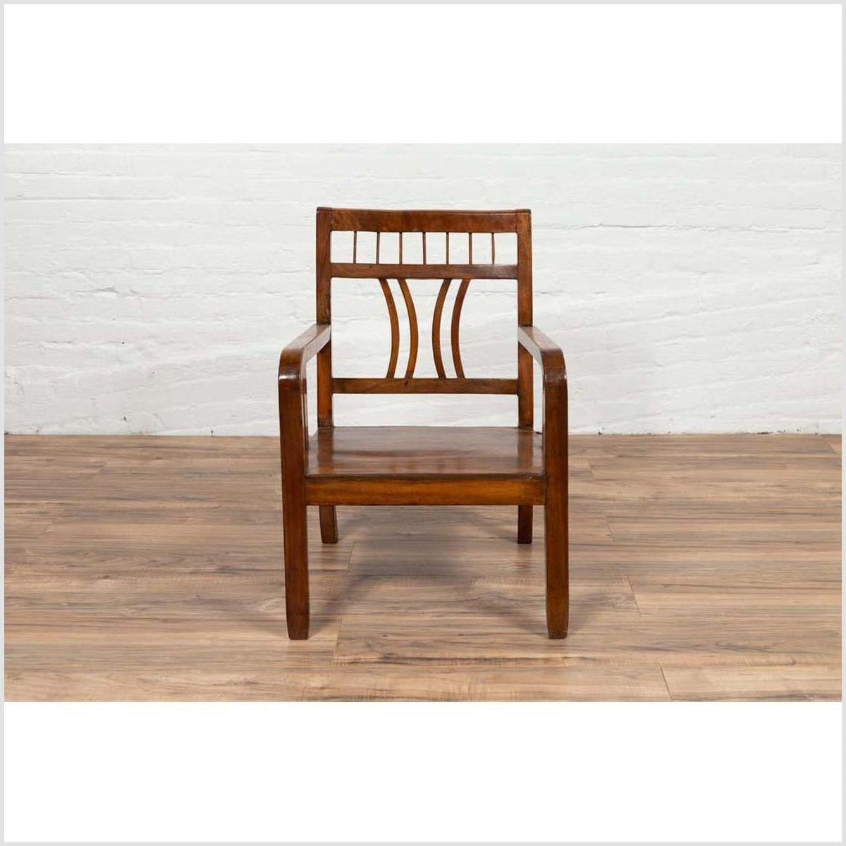 Chinese Art Deco Style 1950s Elmwood Armchair with Pierced Back and Curving Arms-2. Asian & Chinese Furniture, Art, Antiques, Vintage Home Décor for sale at FEA Home