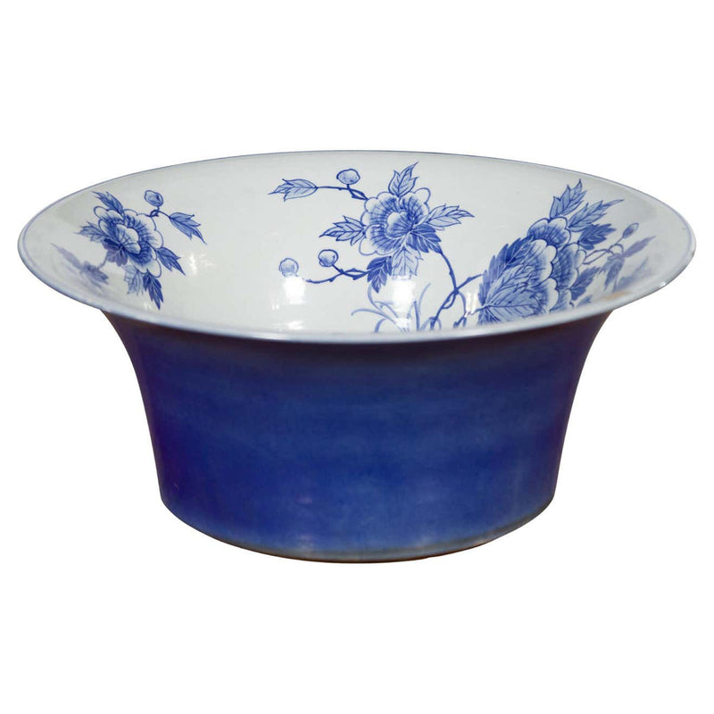 This-is-a-picture-of-a-Chinese Blue and White Porcelain Wash Basin with Floral Motifs and Cobalt Blue-with-image-position-1-style-YN3531-Shop-for-Vintage-and-Antique-Asian-and-Chinese-Furniture-for-sale-at-FEA Home-NYC