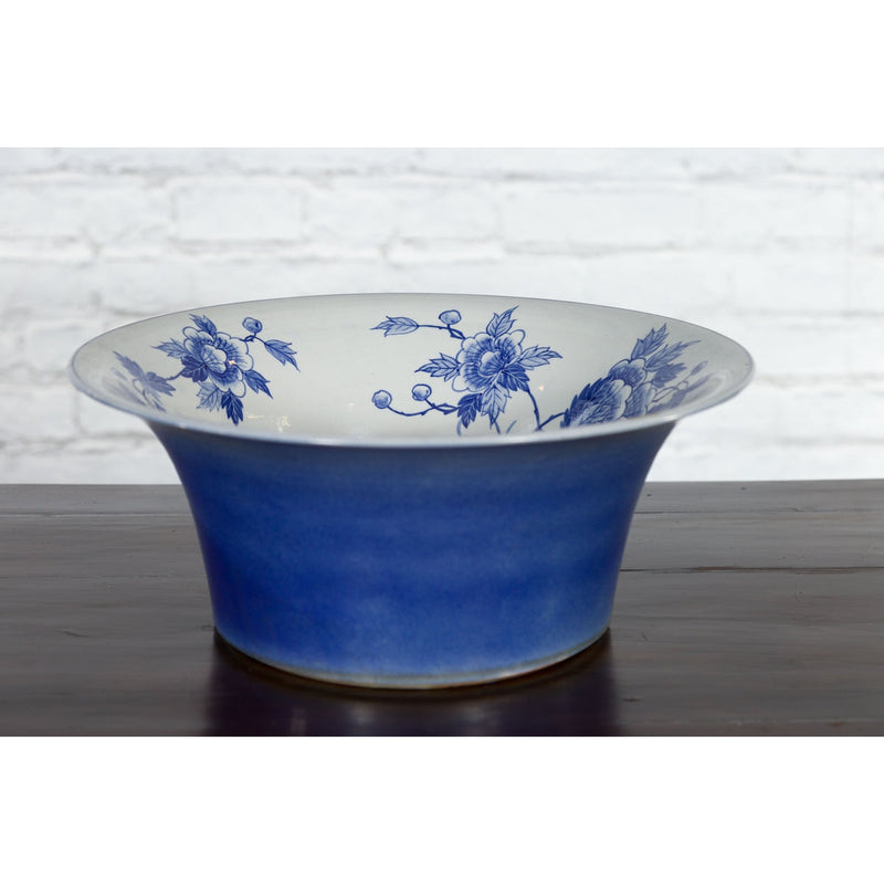 Chinese Blue and White Porcelain Wash Basin with Floral Motifs and Cobalt Blue-YN3531-10. Asian & Chinese Furniture, Art, Antiques, Vintage Home Décor for sale at FEA Home
