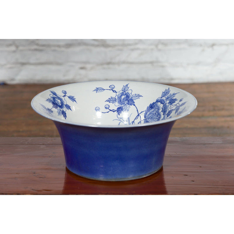 Chinese Blue and White Porcelain Wash Basin with Floral Motifs and Cobalt Blue-YN3531-11. Asian & Chinese Furniture, Art, Antiques, Vintage Home Décor for sale at FEA Home