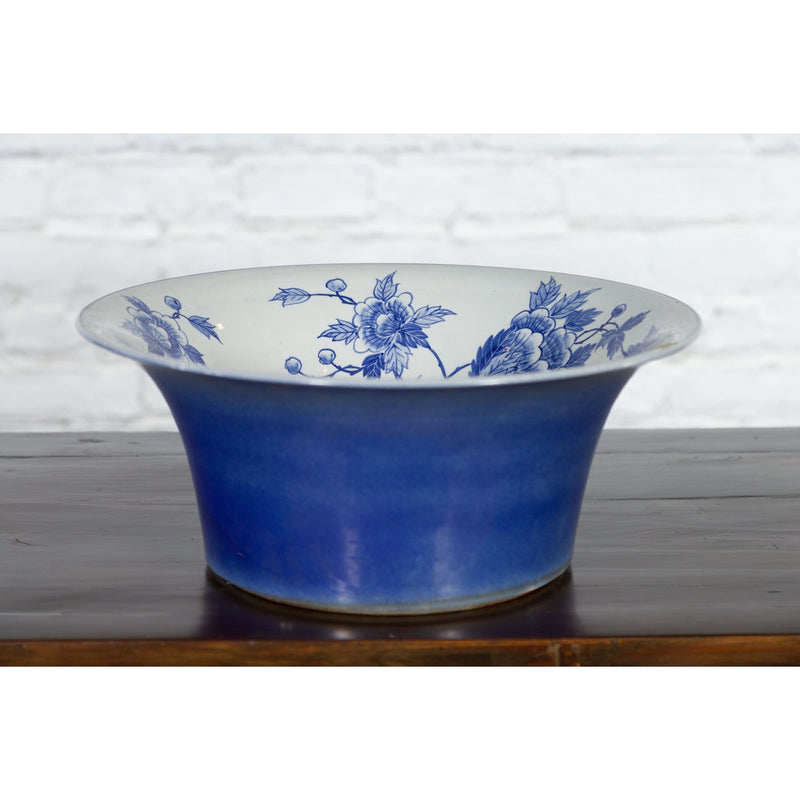Chinese Blue and White Porcelain Wash Basin with Floral Motifs and Cobalt Blue-YN3531-3. Asian & Chinese Furniture, Art, Antiques, Vintage Home Décor for sale at FEA Home