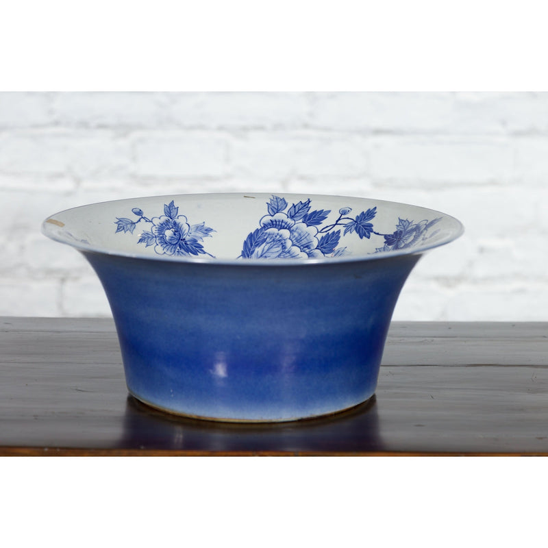 This-is-a-picture-of-a-Chinese Blue and White Porcelain Wash Basin with Floral Motifs and Cobalt Blue-with-image-position-8-style-YN3531-Shop-for-Vintage-and-Antique-Asian-and-Chinese-Furniture-for-sale-at-FEA Home-NYC