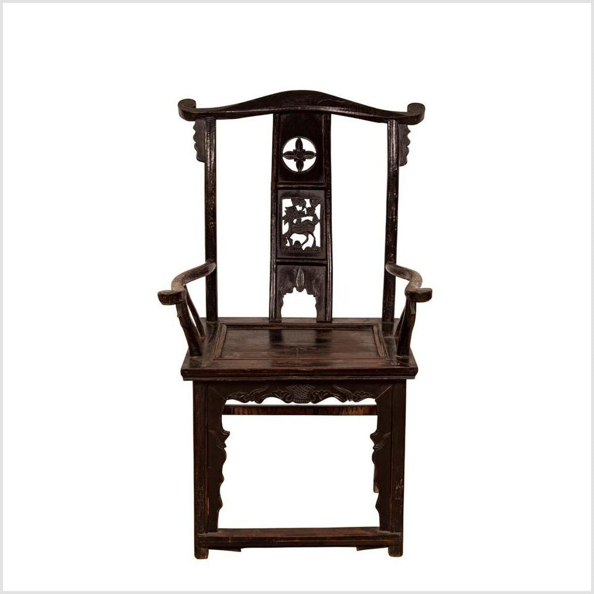 Chinese Elmwood Dark Patina Dengguayi Scholar's Lamp Armchair with Pierced Splat-1. Asian & Chinese Furniture, Art, Antiques, Vintage Home Décor for sale at FEA Home