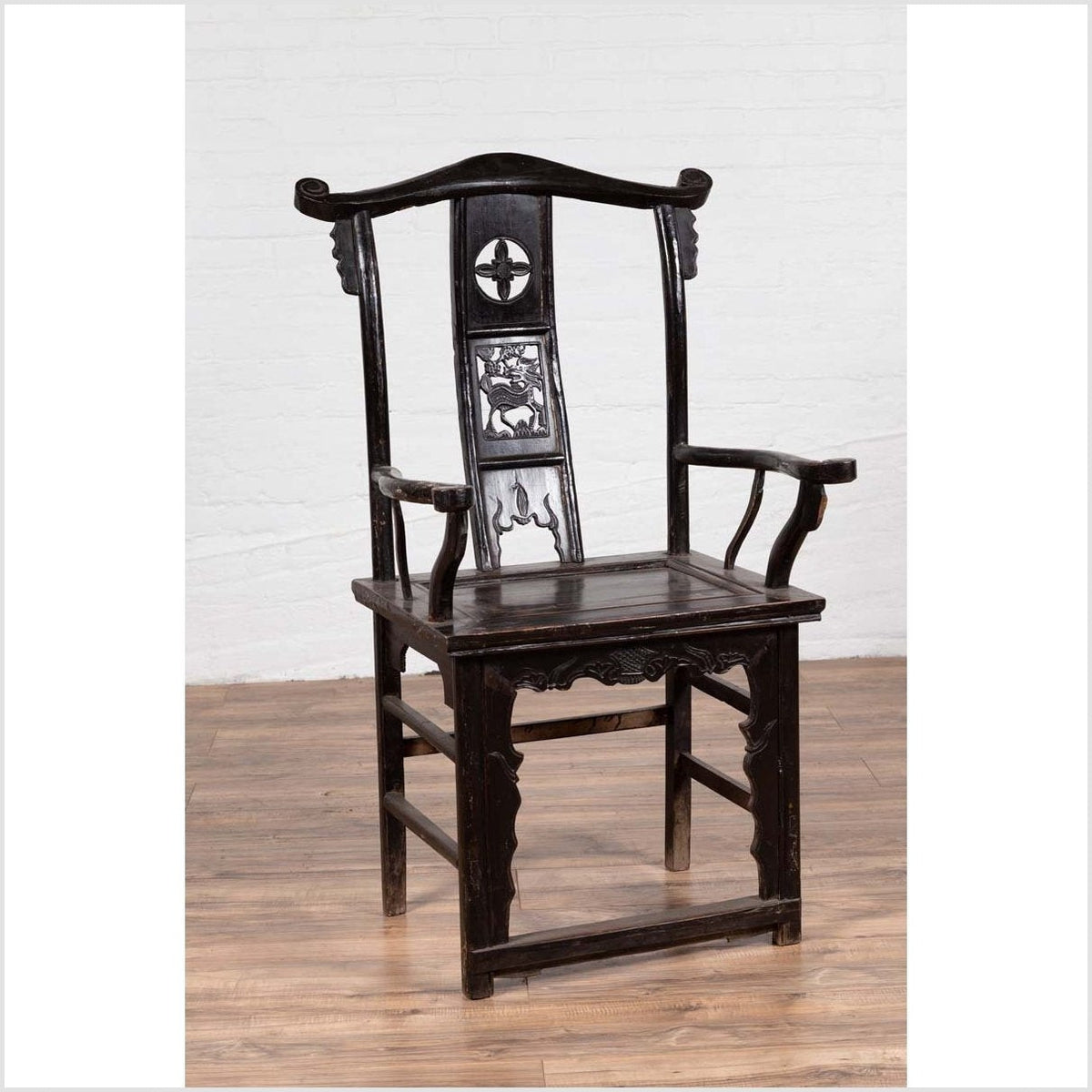 Chinese Elmwood Dark Patina Dengguayi Scholar's Lamp Armchair with Pierced Splat-2. Asian & Chinese Furniture, Art, Antiques, Vintage Home Décor for sale at FEA Home