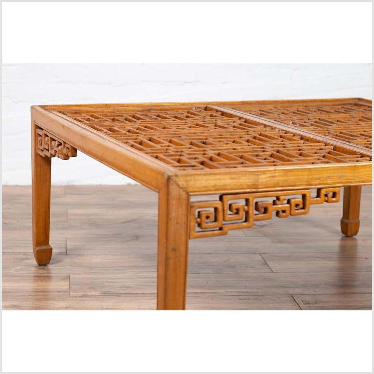 Chinese Elmwood Square Coffee Table with Open Fretwork and Horse-Hoof Legs-12. Asian &amp; Chinese Furniture, Art, Antiques, Vintage Home Décor for sale at FEA Home