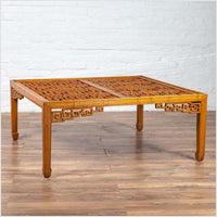 Chinese Elmwood Square Coffee Table with Open Fretwork and Horse-Hoof Legs