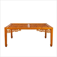 Chinese Elmwood Square Coffee Table with Open Fretwork and Horse-Hoof Legs